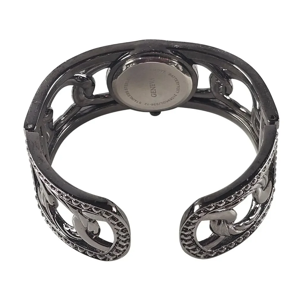 Women's Bangle Cuff Watch Gunmetal Chain Link Design Face Black Dial Geneva